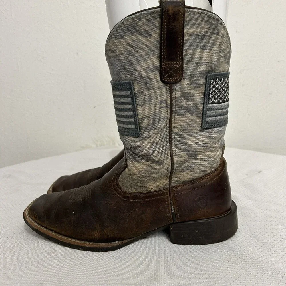 Ariat Sport Patriot Western Boot Distressed Camo Square Toe Brown Mens Sz 9.5 D - Picture 1 of 10